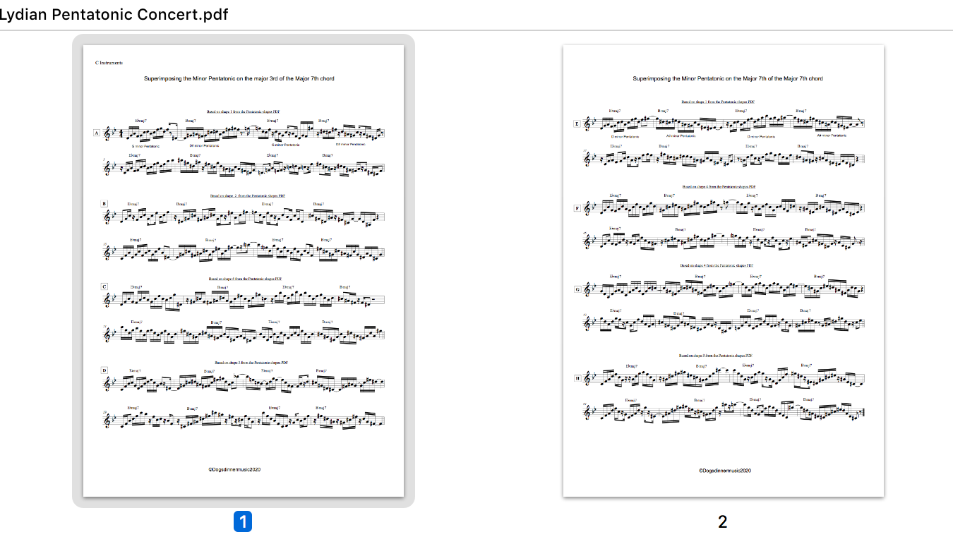 Superimposing  Lydian Pentatonic  shapes on Major7th chords - digital download